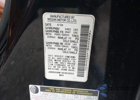 2004 Infiniti Fx45 z USA, uszkodzony, nr VIN JNRBS08W14X403932